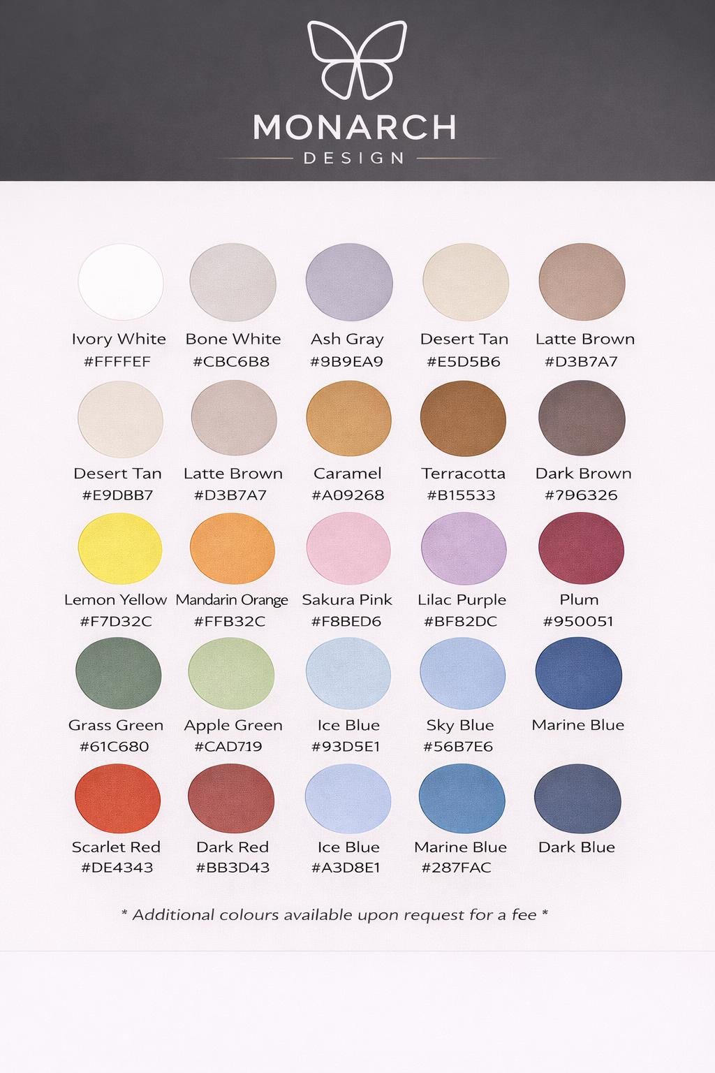 Color swatch chart with Monarch Design logo and color names and codes.