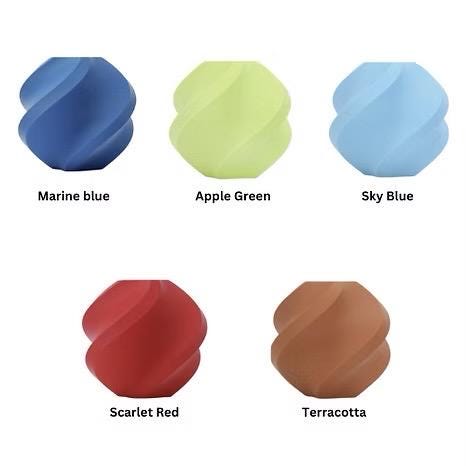 Five color swatches labeled 'Marine Blue', 'Apple Green', 'Sky Blue', 'Scarlet Red', and 'Terracotta' on a white background.