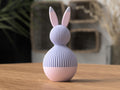 Pink and purple rabbit-shaped object on a wooden surface with a blurred background