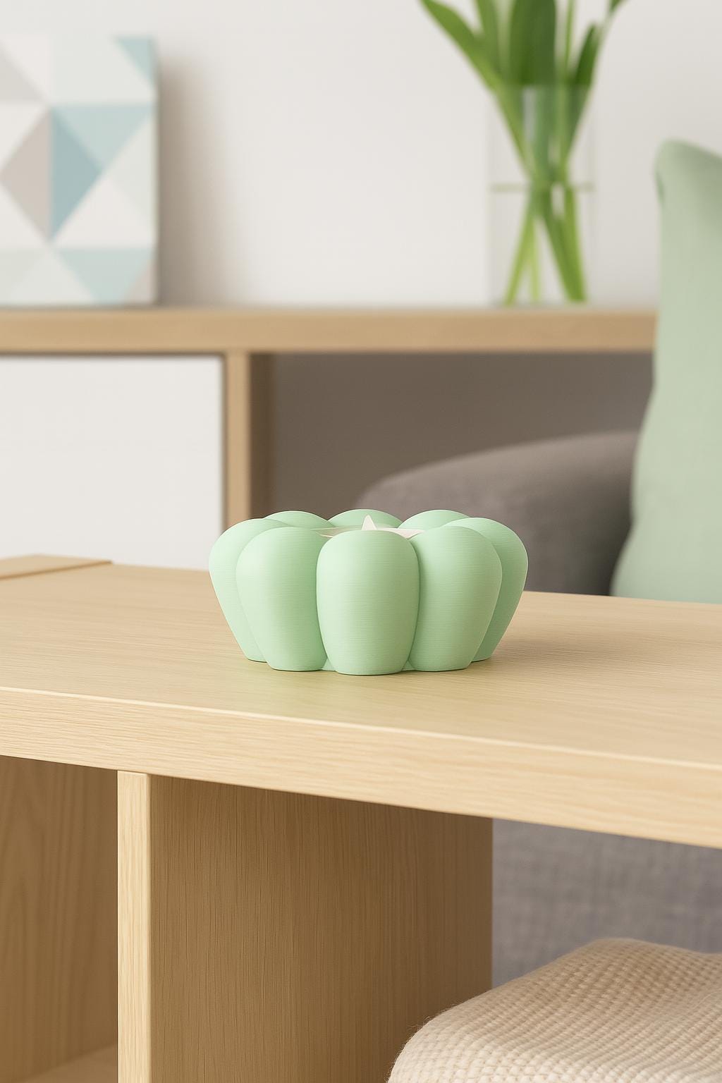 Green ceramic vase on a wooden table with a blurred background