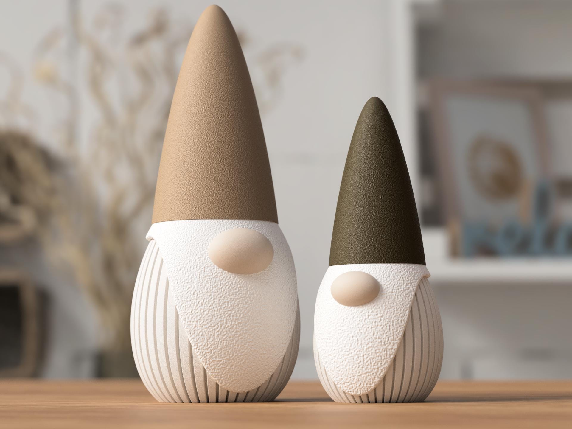 Two decorative gnomes with cone hats on a wooden surface.