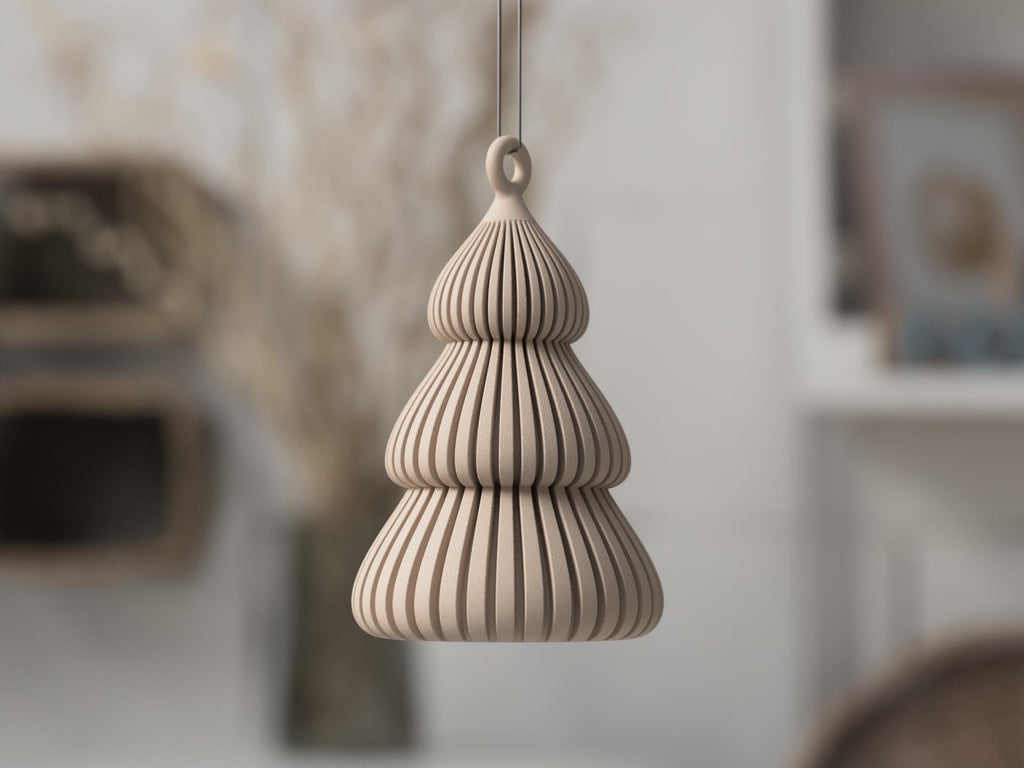 Beige ceramic pendant light hanging against a blurred indoor background