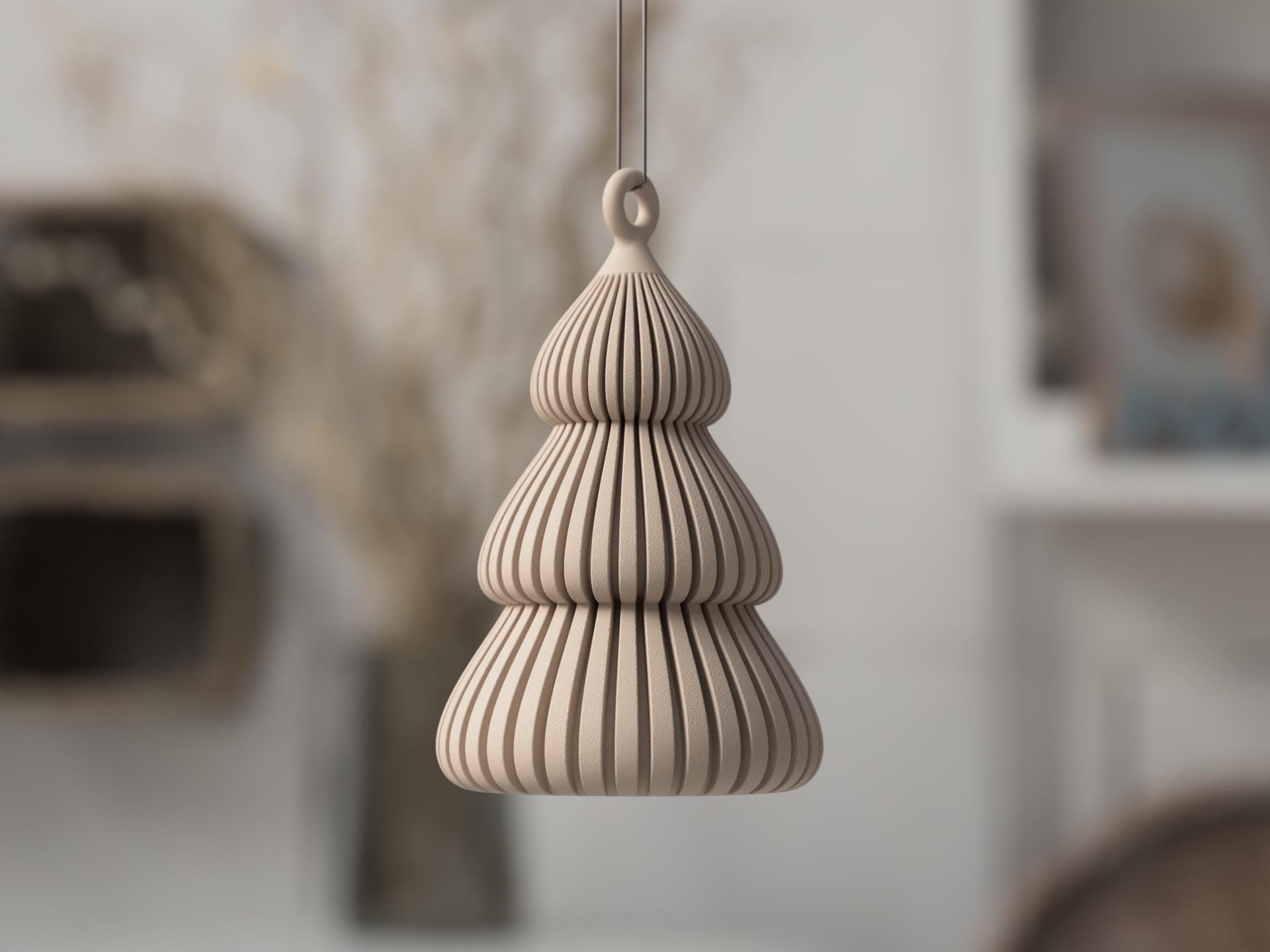 Beige ceramic pendant light hanging against a blurred indoor background