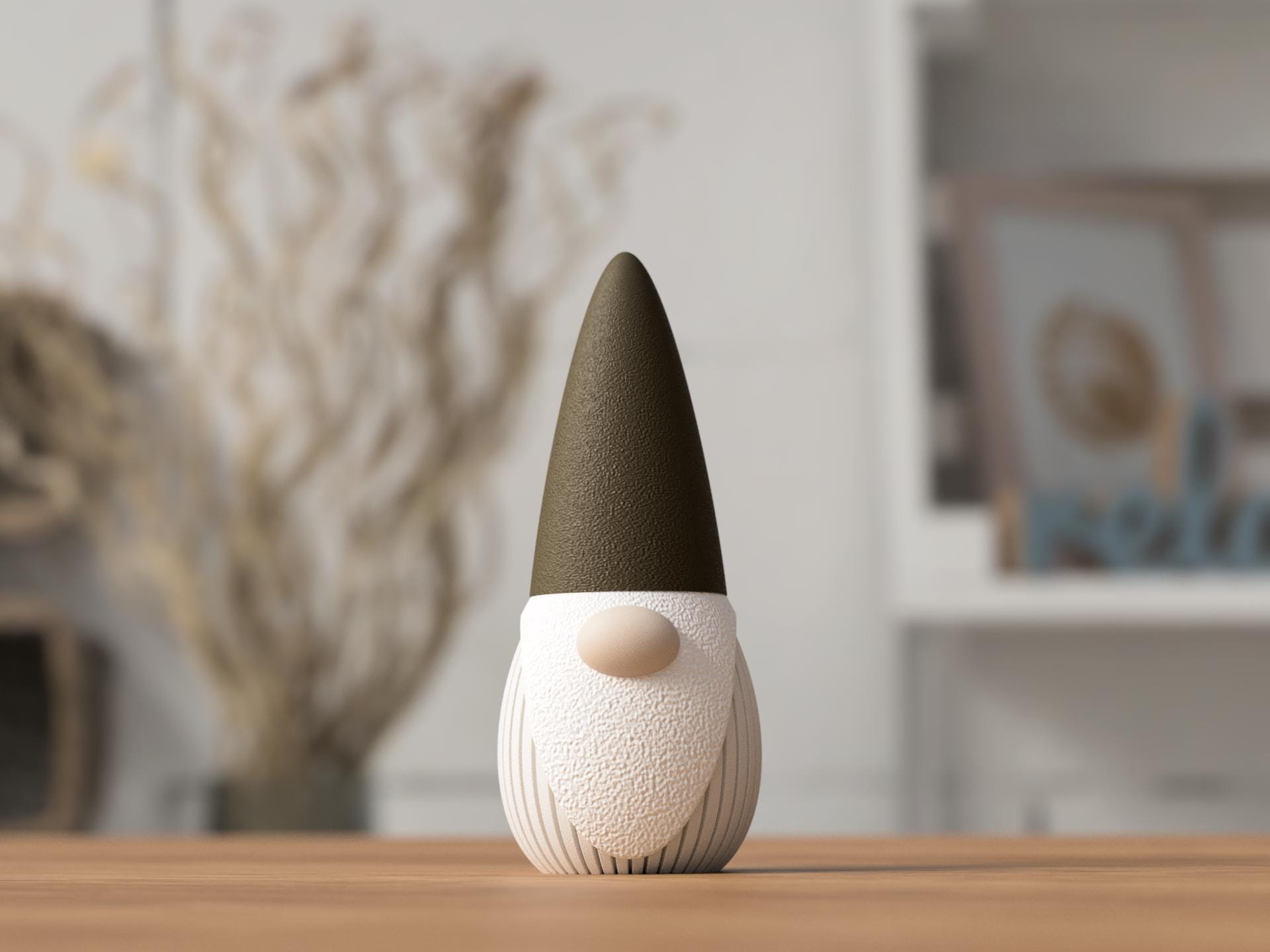 Decorative gnome figure with a green hat on a wooden surface