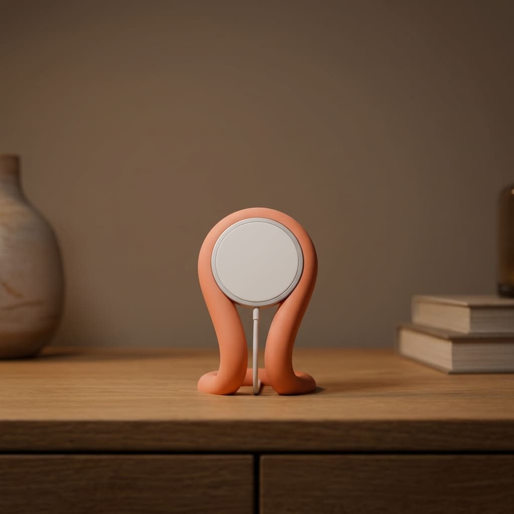Small round device on a stand with a neutral background