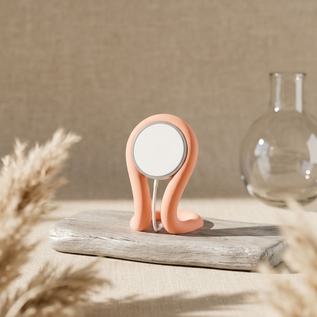 Pink phone stand on a wooden surface with a neutral background
