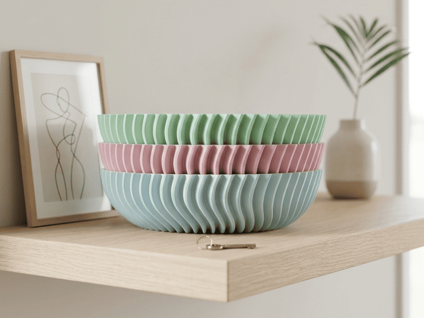 Set of three decorative bowls in green, pink, and blue on a wooden shelf.