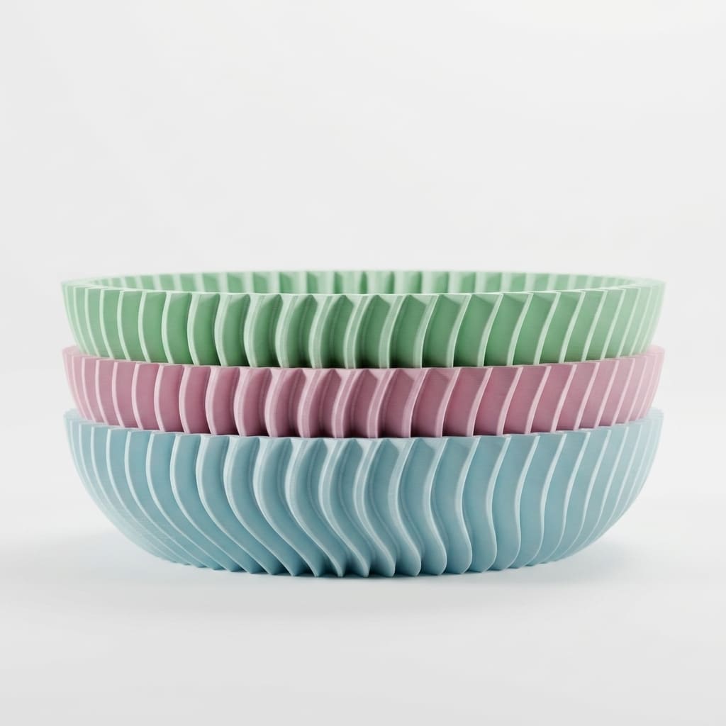 Three ceramic bowls with wavy texture in green, pink, and blue on a white background