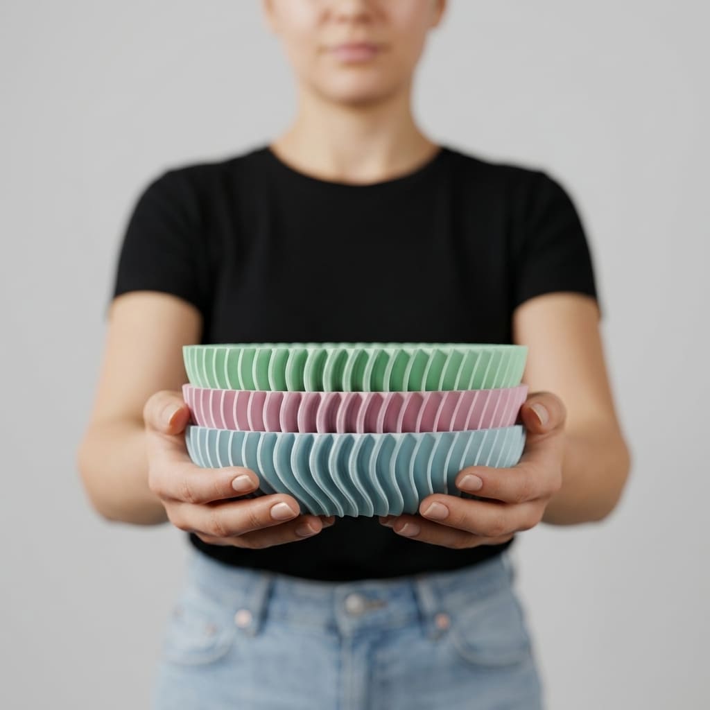 Person holding a stack of colorful ceramic bowls against a plain background