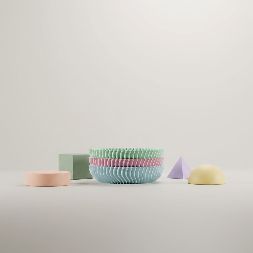 Set of pastel-coloured bowls on a light gray background