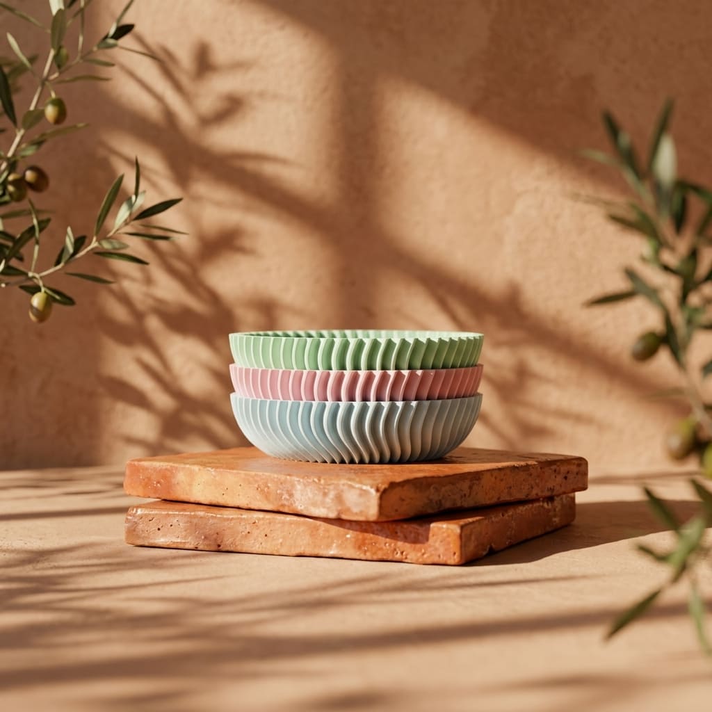Stack of colorful ceramic bowls on a wooden surface with a warm background